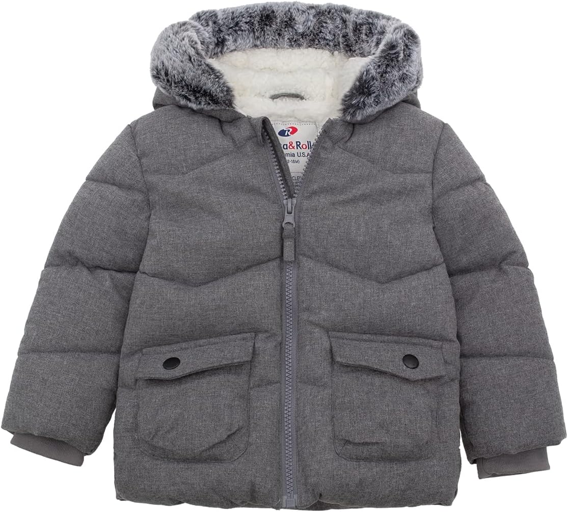 Rokka&Rolla Baby Boys’ Sherpa Lined Puffer Jacket Warm Winter Coat with Mini Fur Trim Hood for Newborn Infants Toddler