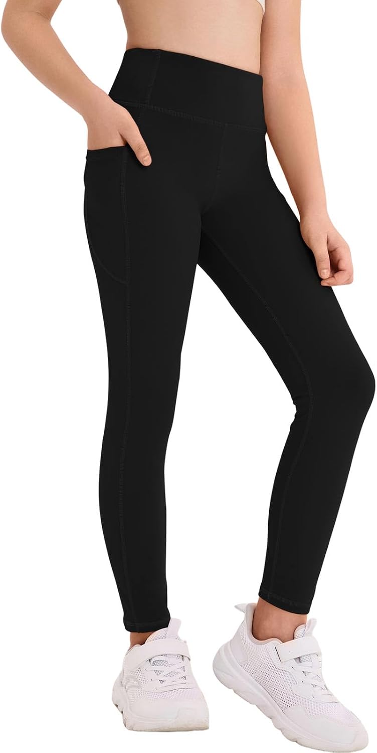 Haloumoning Girls Athletic Leggings Kids Workout High Waisted Stretchy Running Yoga Pants with Pockets 5-14 Years