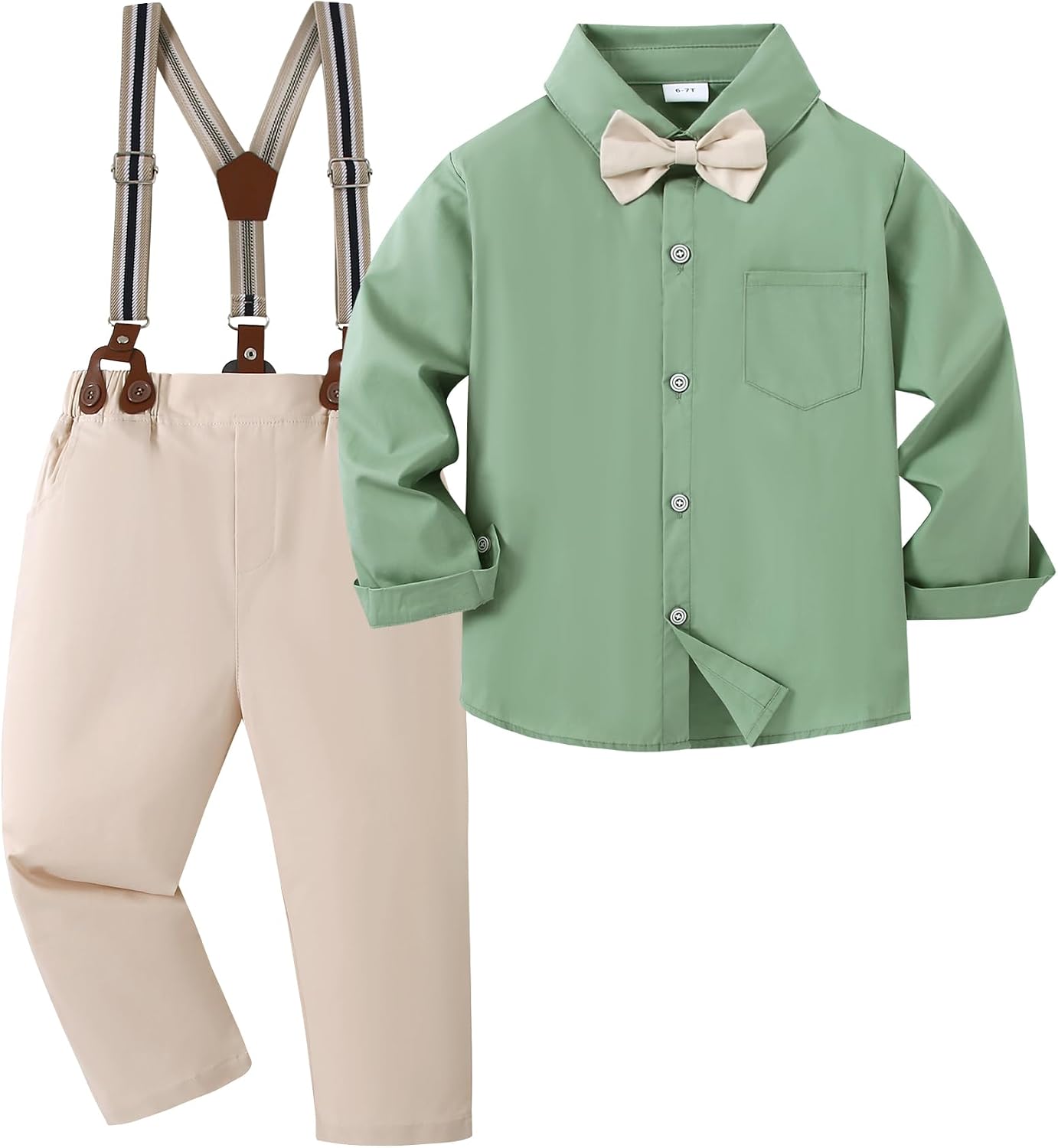 YALLET Toddler Boy Clothes Suit, Formal Dress Shirt with Bowtie+Suspender Pants Boy Gentleman Wedding Outfits 2-10 Years