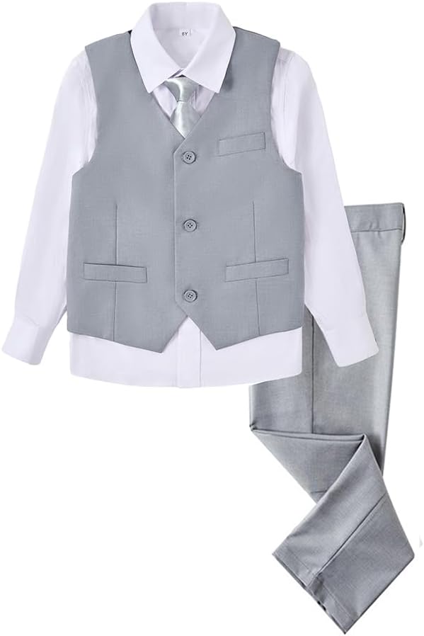Boys 4 Pieces Suits Slim Fit Kids Outfits Vest Pants Sets Black Blue Formal Dresswear for Boy