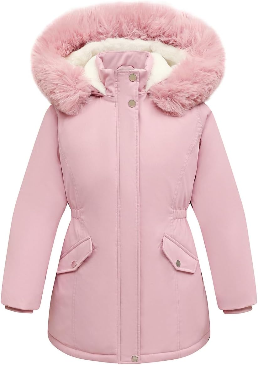 Girls Long Waterproof Winter Coat Kids Warm Hooded Parka | Waterproof puffer keeps girls dry. Fleece-lined. Adjustable hood & durable zippers. Ideal for school, snow play, travel.