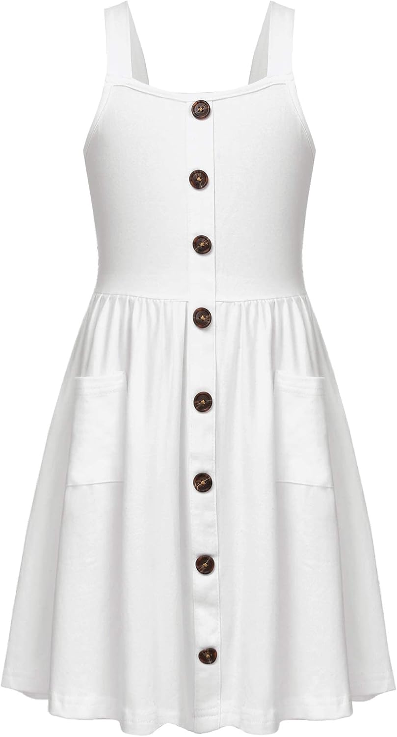 Arshiner Girl’s Spaghetti Strap Button Down Midi Sleeveless Summer Casual Sundress A-line Dress with Pockets
