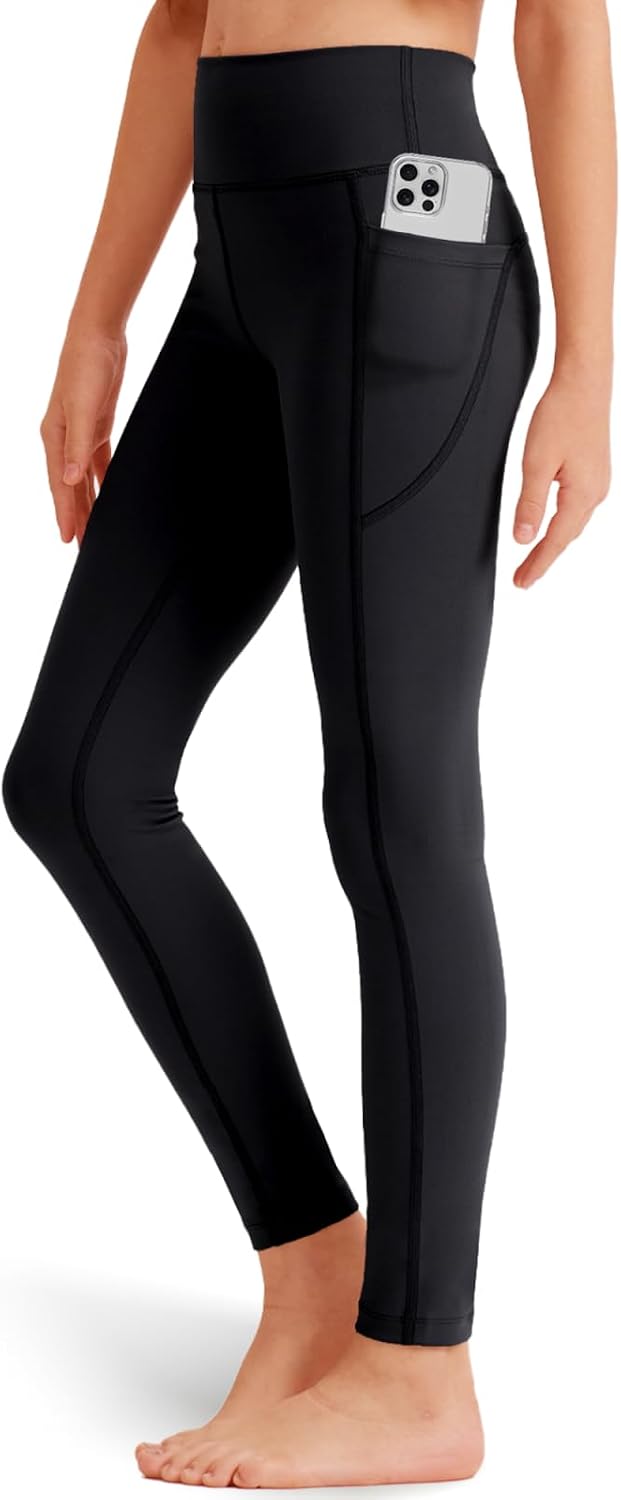 Girls’ Black Athletic Leggings with Pockets, White Ankle Length Yoga Pants for Kids