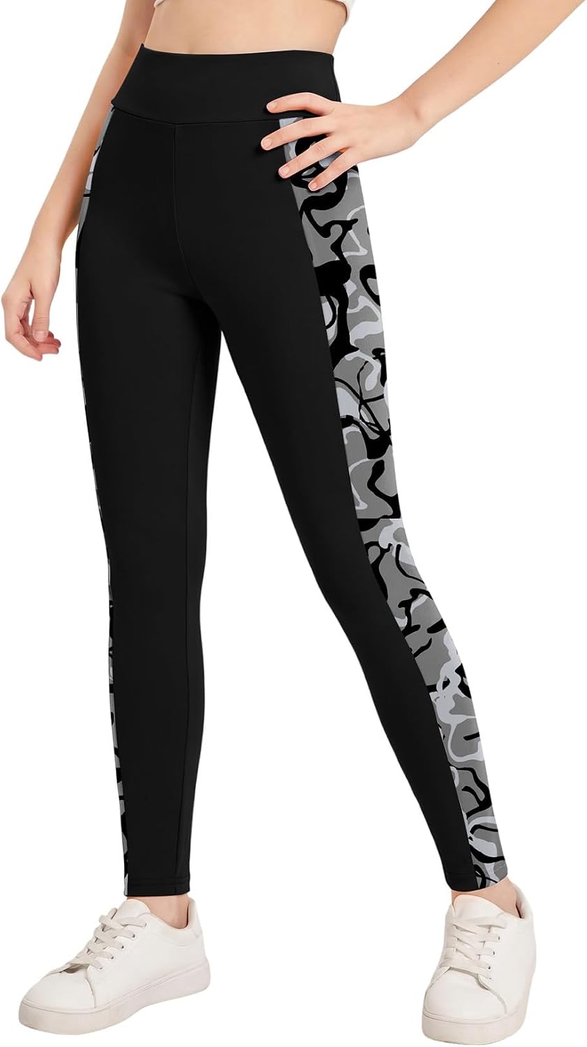 blibean Girls High Waist Stretch Yoga Dance Skinny Leggings Size 6-15 Years | School Knit Colorblock Printed High Elastic Active Pants