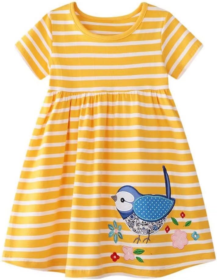 AIWUHE Toddler Girls Dress Cotton Casual Short Sleeve Striped Jersey Dresses Summer Cartoon Dinosaurs Appliques Shirt 2-7Y