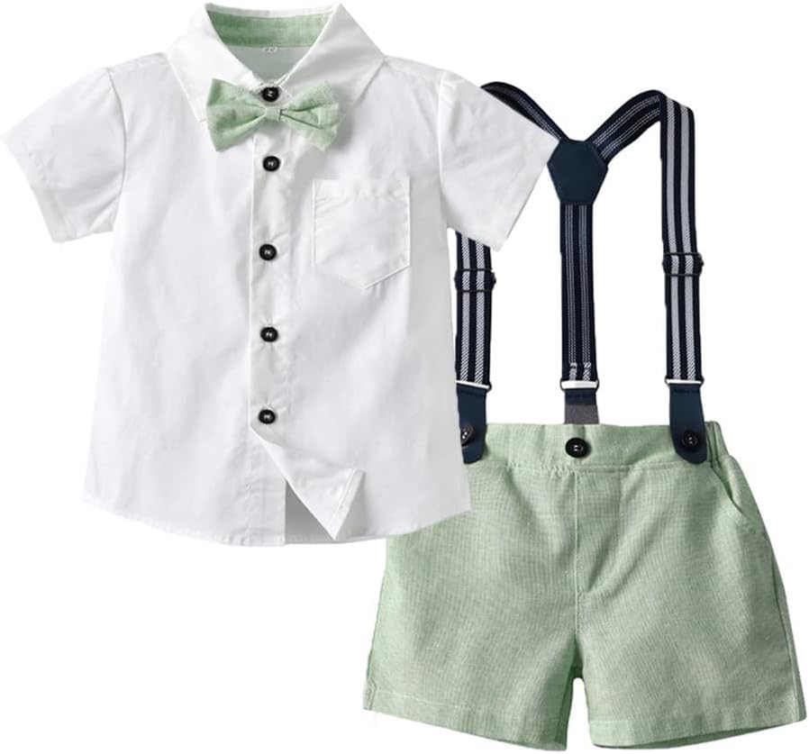 IDOPIP Toddler Kids Baby Boys Formal Suit Gentleman White Shirt with Bowtie + Suspender Shorts Pants Overalls Clothes 1-8T