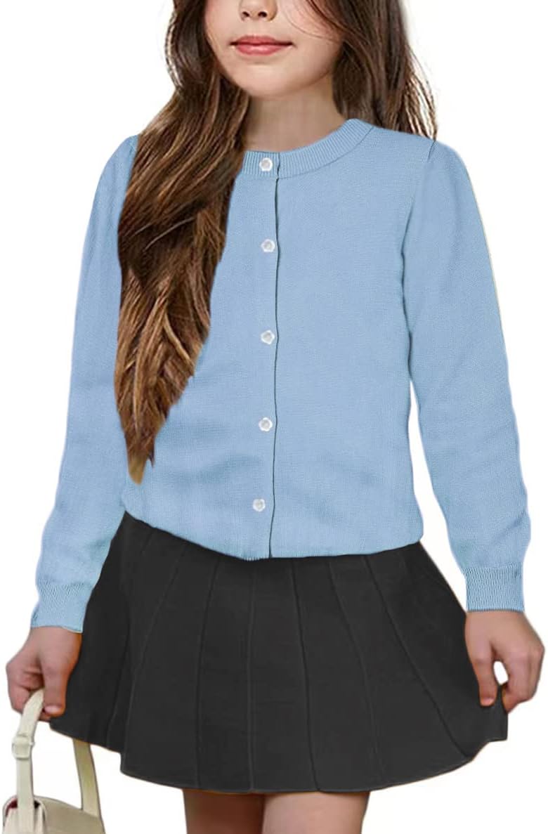 Girls’ Cardigan Sweater [Cute Petal Buttons] Cotton Long Sleeve Crewneck Uniform Sweater for 5-14 Years Girls