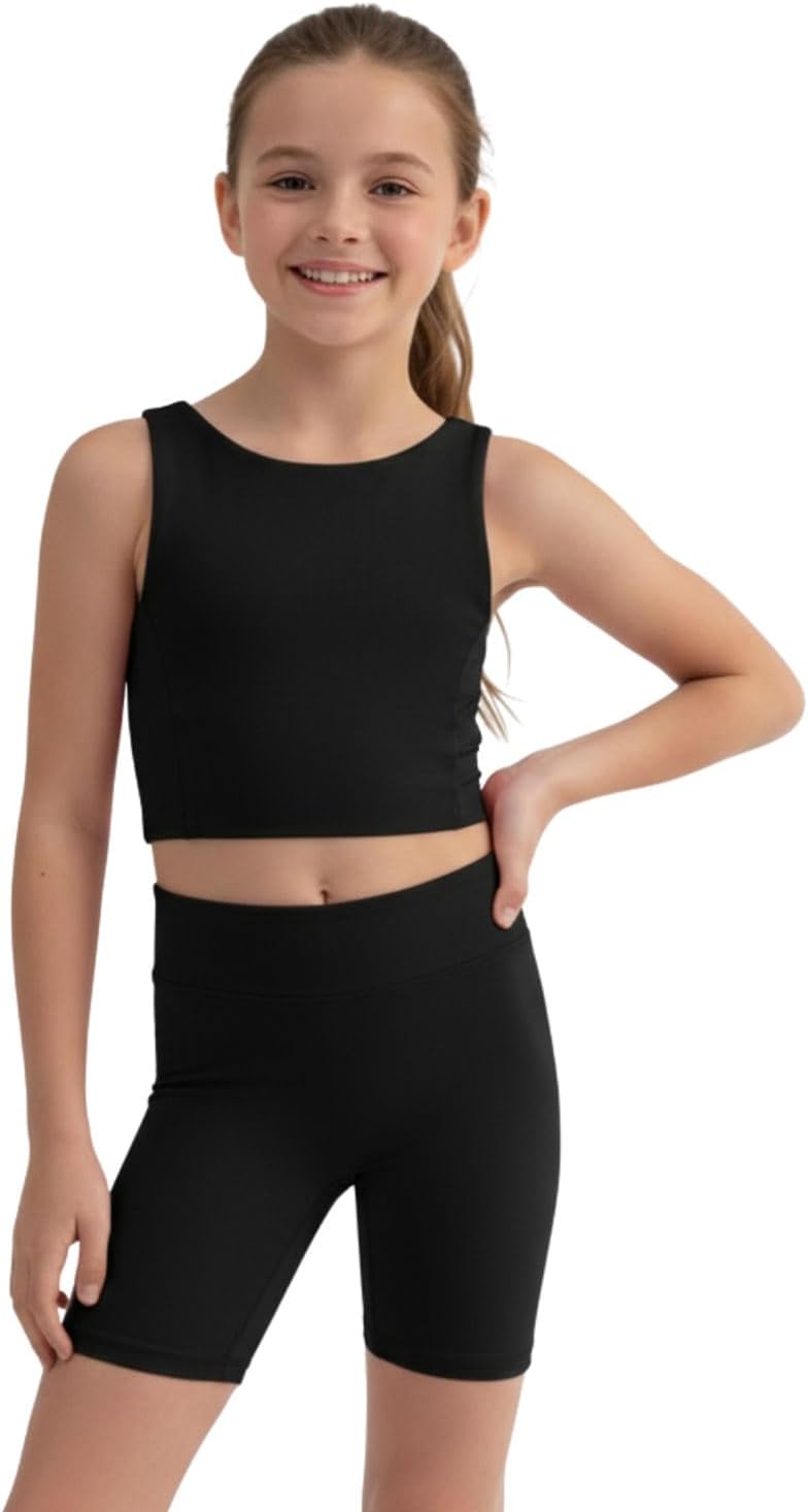 WELAKEN Girls 2 Piece Athletic Outfit Kids Yoga Crop Tank Top and Biker Shorts Set