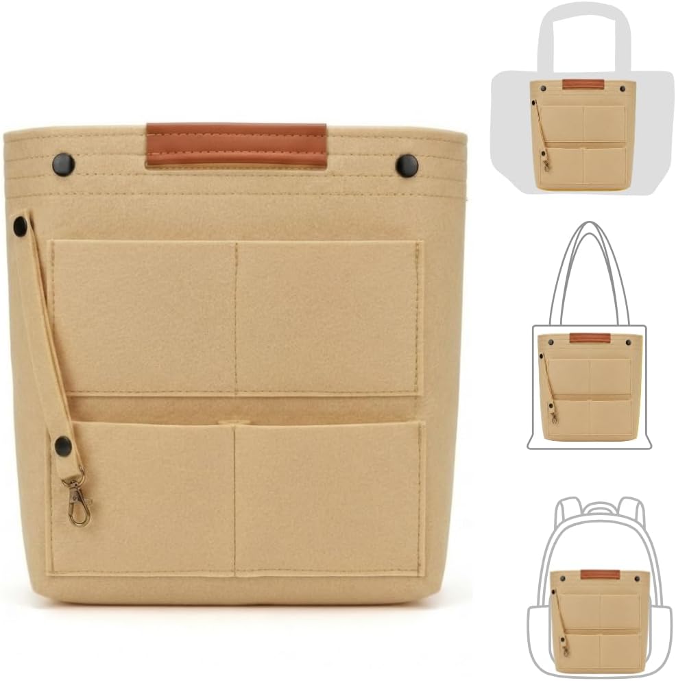 11.4″ Tall Premium Tote Bag Organizer Insert, Vertical Felt Purse Liner for Large Tote, Backpack Organizer (Beige, Large)