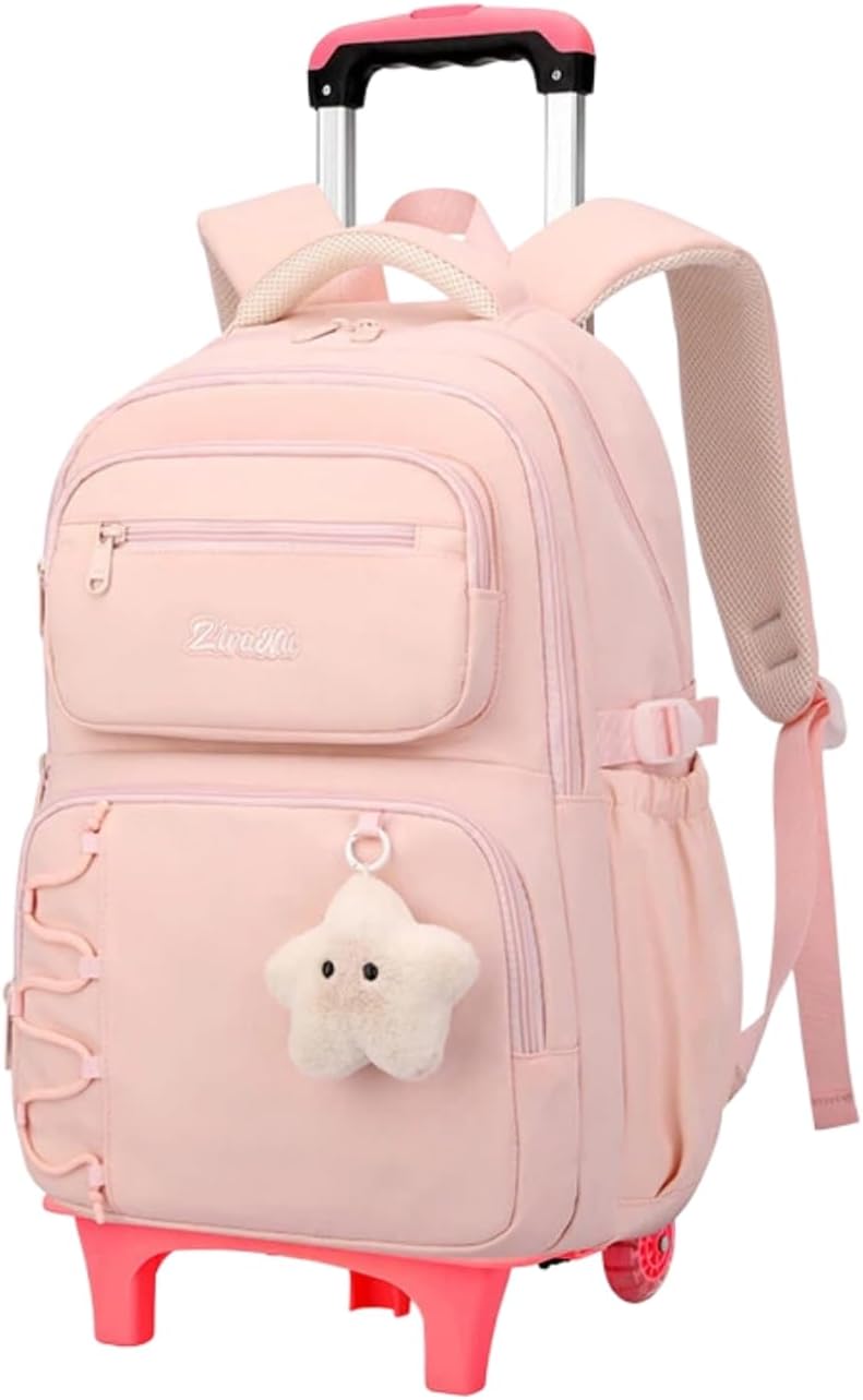 EKUIZAI Girls Rolling Backpack for Kids School Bags with wheels for Middle Students Trolley Bookbag Kids Roller School Backpack, 2-Wheel Pink
