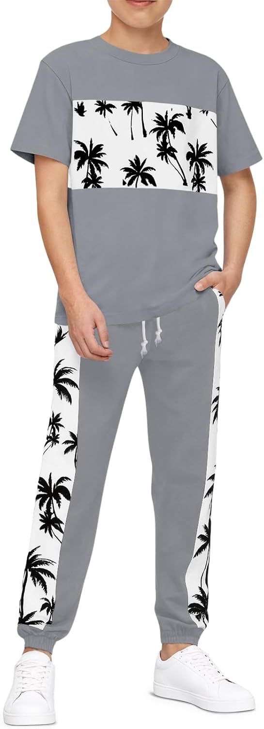 Haloumoning Boys 2 Piece Outfits Color Block Graphic Print Short Sleeve T-Shirts and Pants Clothing Sets Tracksuits