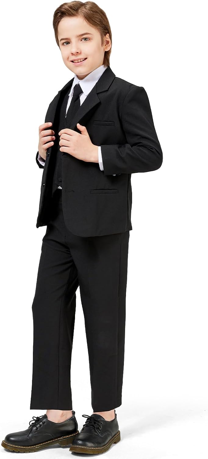 Luca Gabriel Toddler Boys’ 5 Piece Classic Fit No Tail Formal Khaki Dress Suit Set with Tie and Vest
