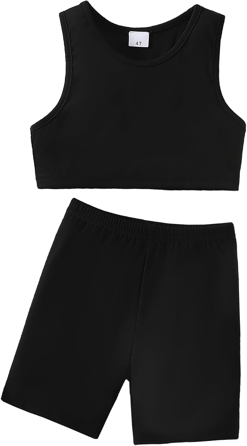 Chichoo Girl’s 2 Piece Athletic Outfits Workout Sets Sleeveless Crop Tank Tops and Bike Shorts Gymnastic Yoga Summer Kid 2-6Y