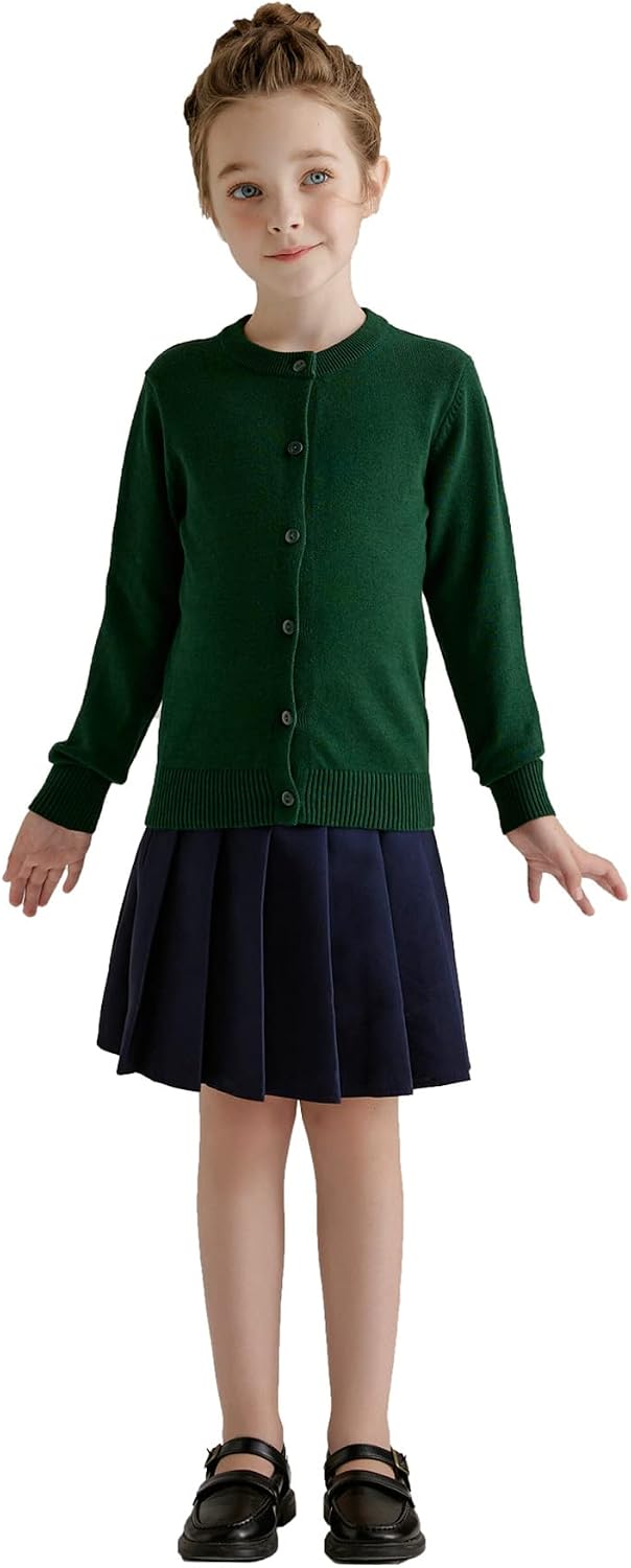 SMILING PINKER Girl School Uniform Sweater Anti-Pill Cotton Cardigan Crew Neck