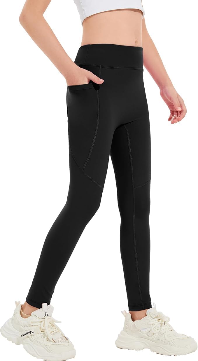 Girls High Waist Yoga Leggings with Pocket, Athletic Running Dance Workout Pants, Stretchy Comfort Fit 5-14Y