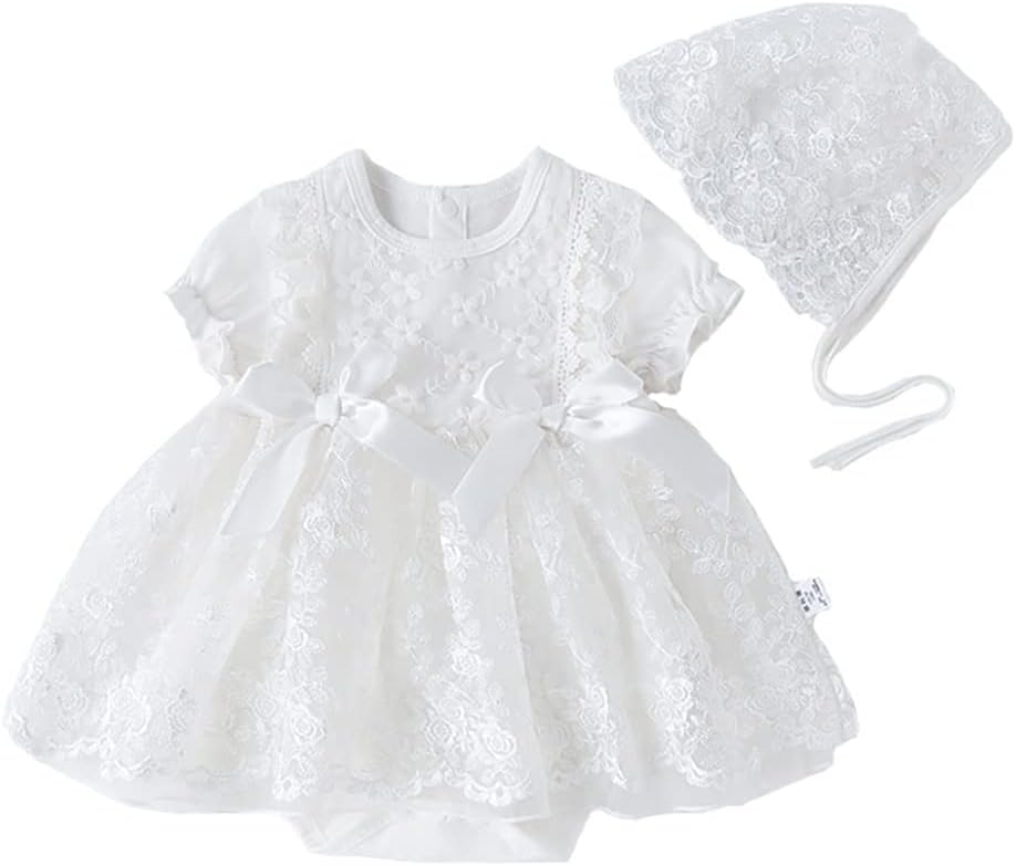 Toddler Baby Girl Long Sleeve Fall Dress Flower Lace Wedding First Birthday Baptism Christening Dresses with Hat Outfit