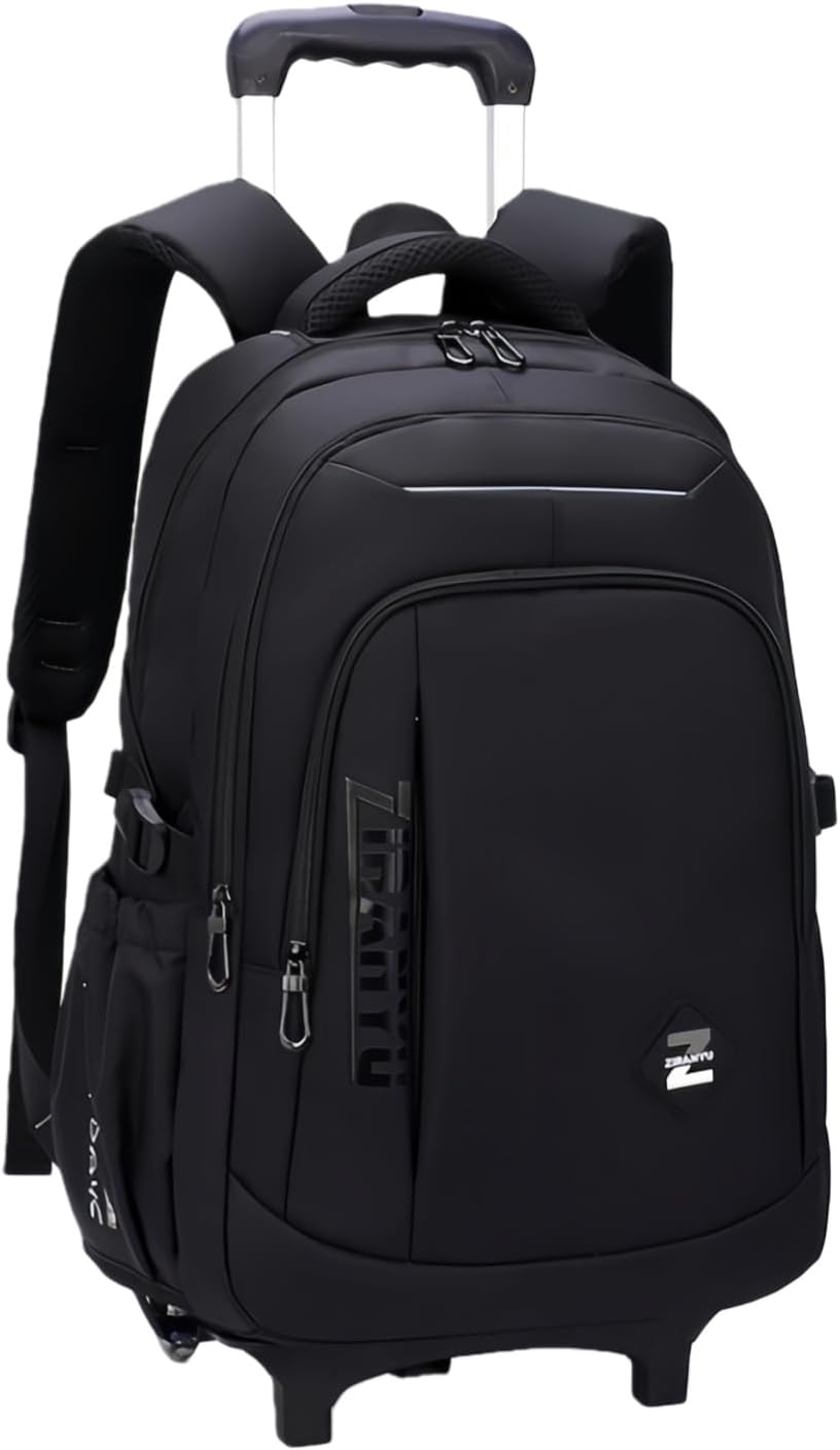 VIDOSCLA Black Kids Boys Rolling Backpack Teens Carry-on Luggage with Wheels Trolly BookBag for School-2 Wheels