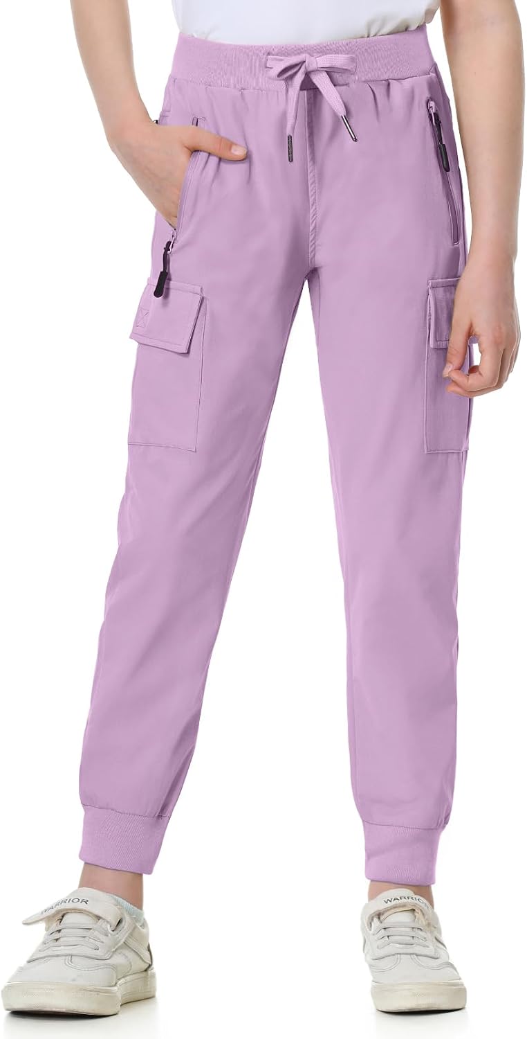 EXARUS Girls Hiking Cargo Pants Kids Joggers Camping Quick Dry Golf Lightweight Drawstring Slim Fit High Waisted 8-14Y