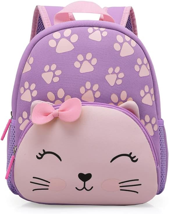 KK CRAFTS Preschool Backpack Toddler Neoprene Animal Schoolbag Lunch backpack for Kids Boys Girls(Purple Cat)