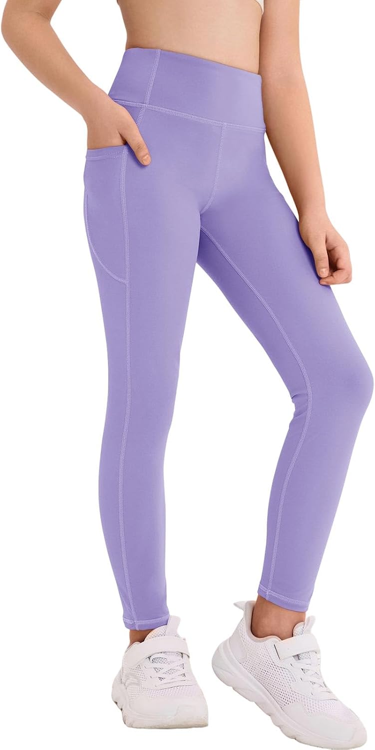 Haloumoning Girls Athletic Leggings Kids Workout High Waisted Stretchy Running Yoga Pants with Pockets 5-14 Years