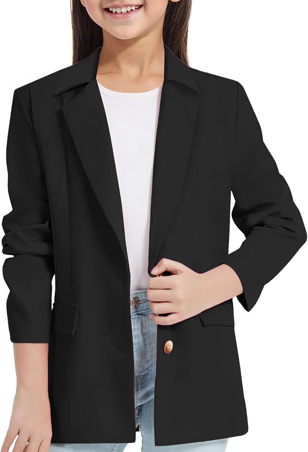 Girls Casual Dressy Blazers for Kids Comfy Relax Fit Long Sleeve Open Front Lapel Cardigan Suit School Uniform Jackets 5-14Y
