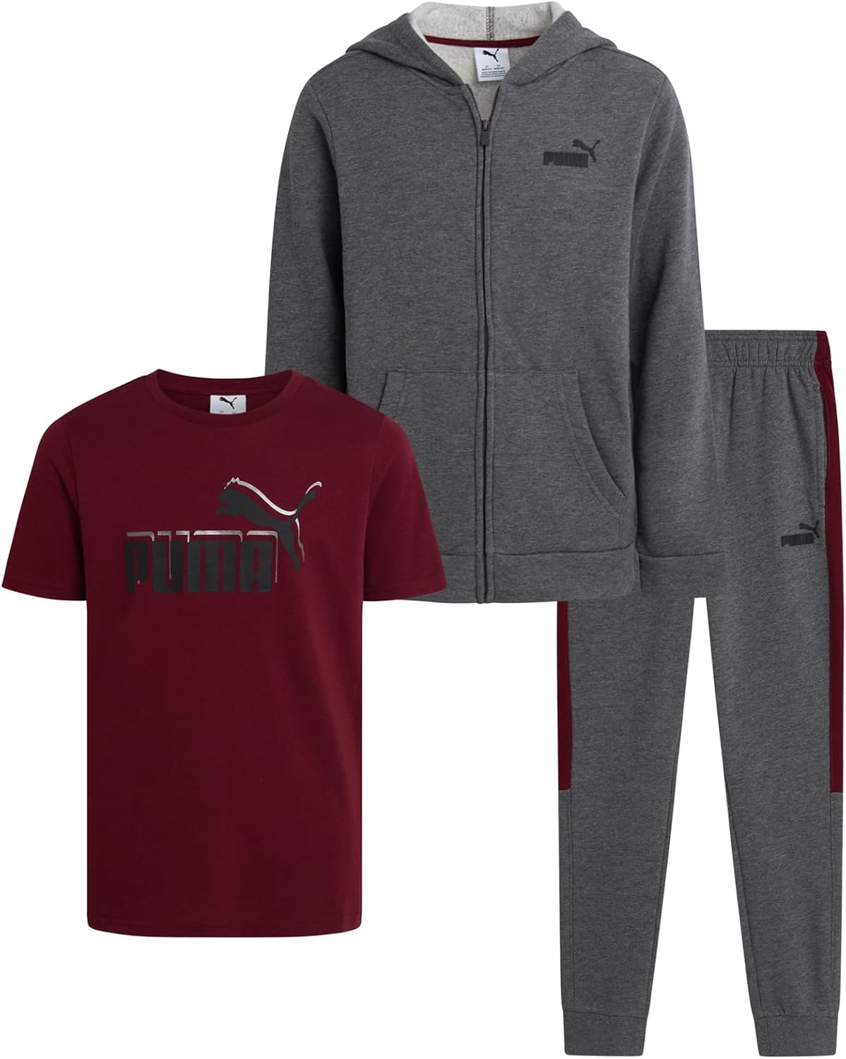 PUMA Boys Sweat Suit Set – 3 Piece Zip Up Hoodie, Graphic Tee and Athletic Fleece Jogger Sweatpants For Boys Set (8-16)