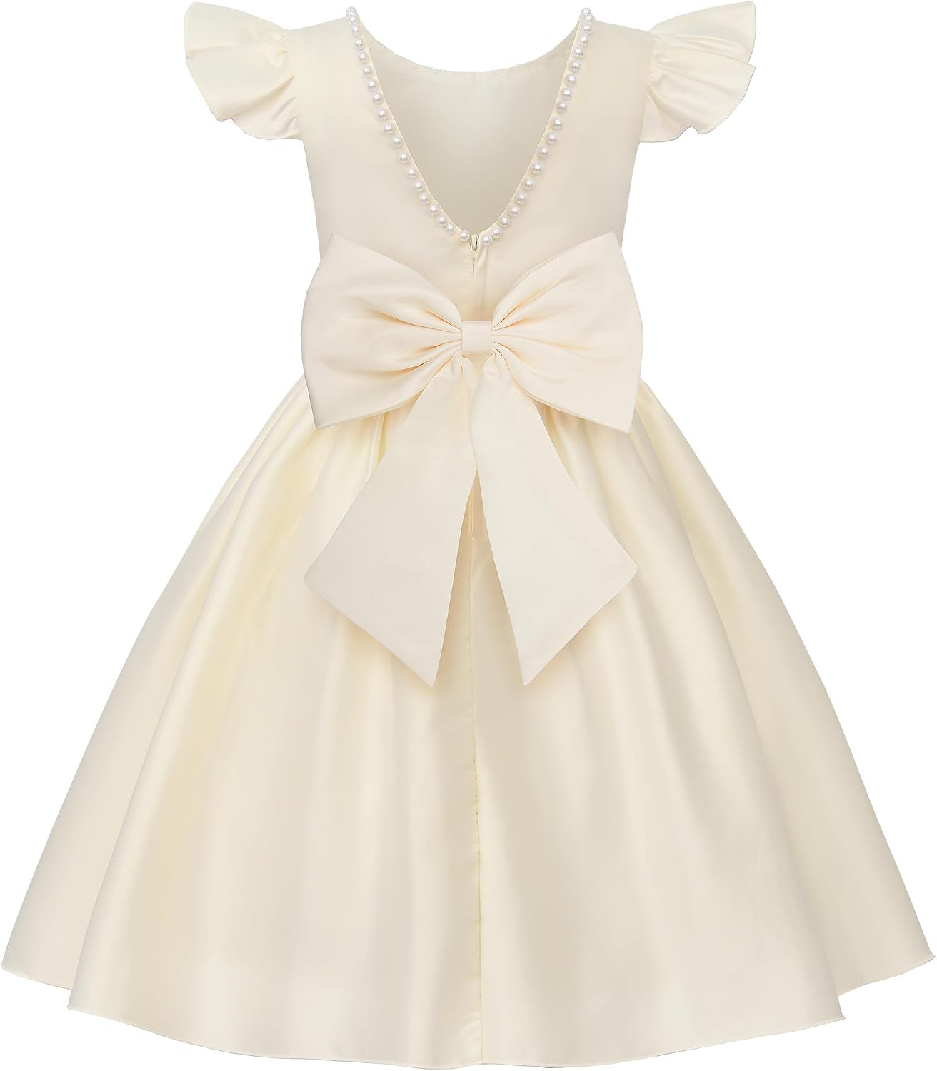 Uhnice Flower Girl Satin Dress with Pearls Flutter Sleeves V Back Gown with Removable Bow for Wedding Birthday Party