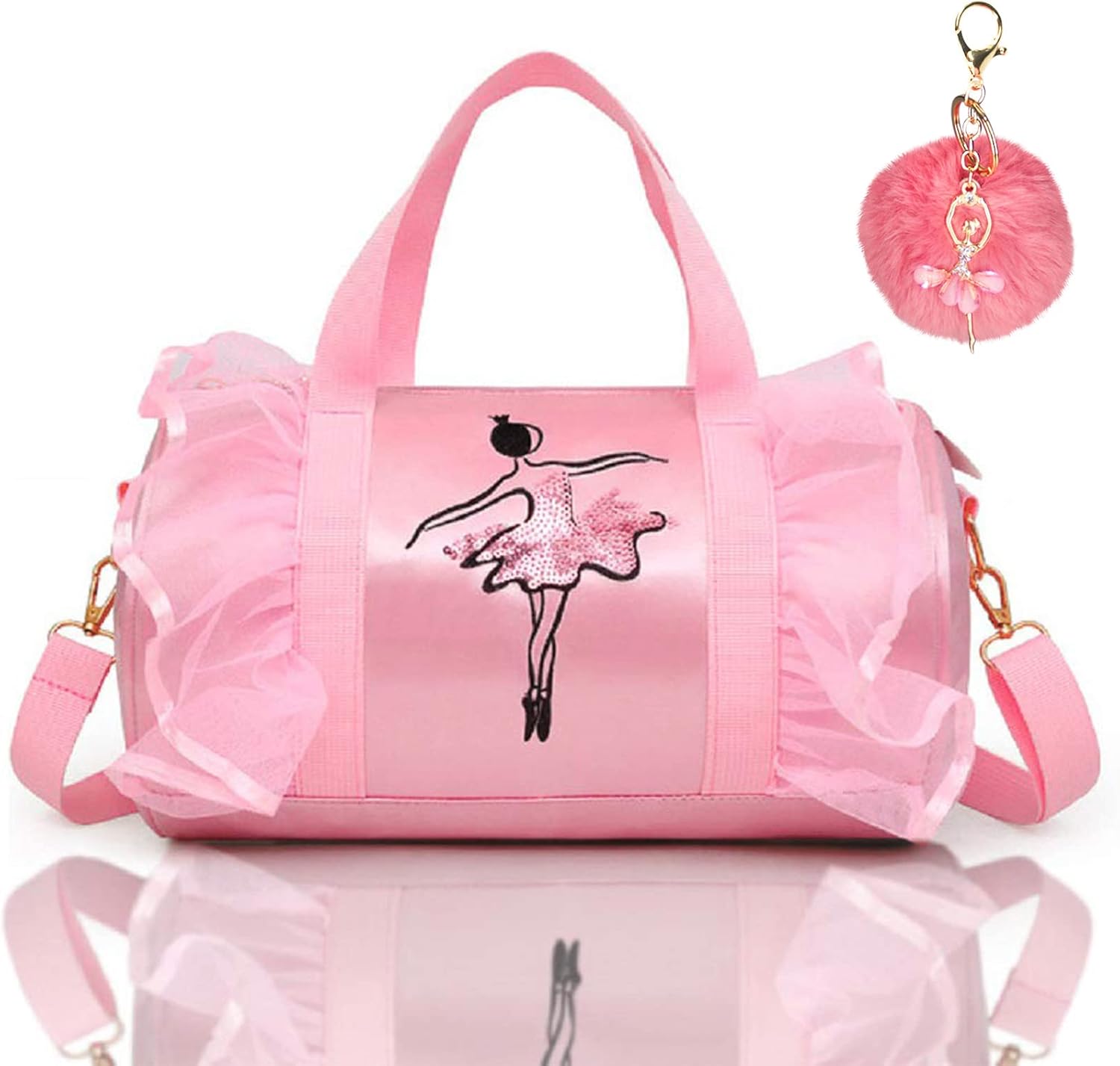 KingBig New in 2024 Cute Ballet Bag Kits Tutu Dress Dance Bag, Girls Personalized Waterproof Duffle Bag with Key Chain Cute Plush hanging Pink ball(Pink)