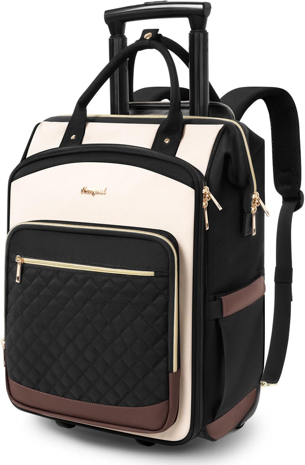 Rolling Backpack for Women, Travel Backpack with Wheels, Dual-Opening Wheeled Laptop Backpack, Stylish Rolling Laptop Bag, Overnight Underseat Carry on Luggage for College Business Work, Beige Brown