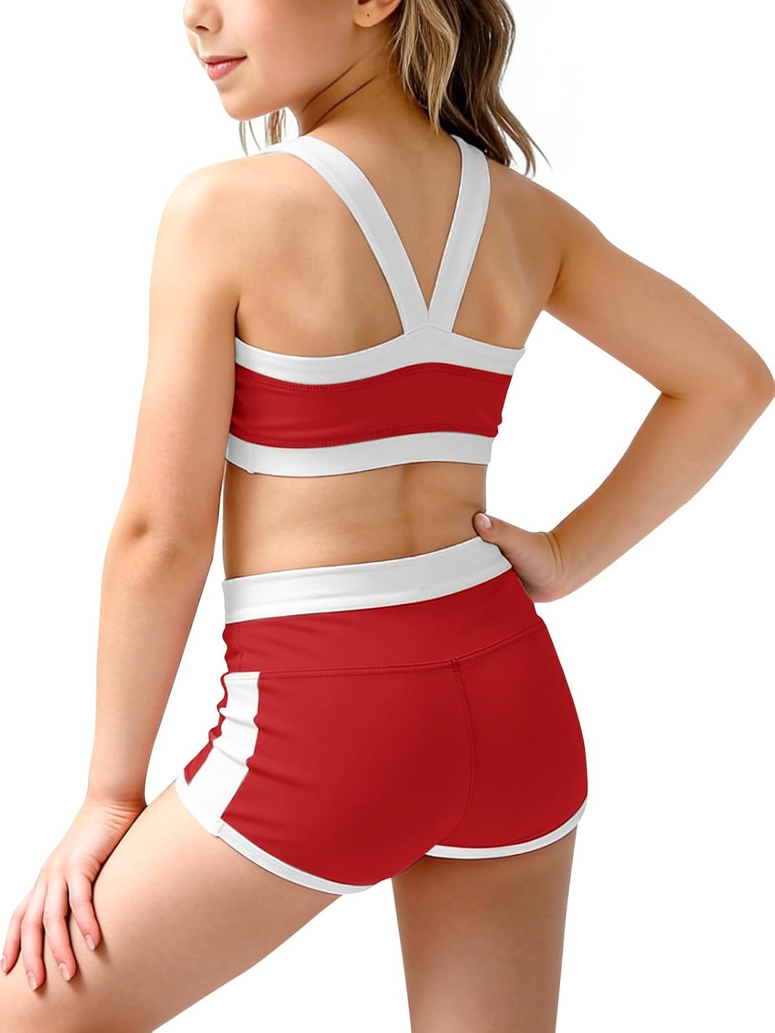Haloumoning Girls 2 Piece Outfits Athletic Color Block Training Bra and High Waisted Shorts Clothing Sets 5-14Y