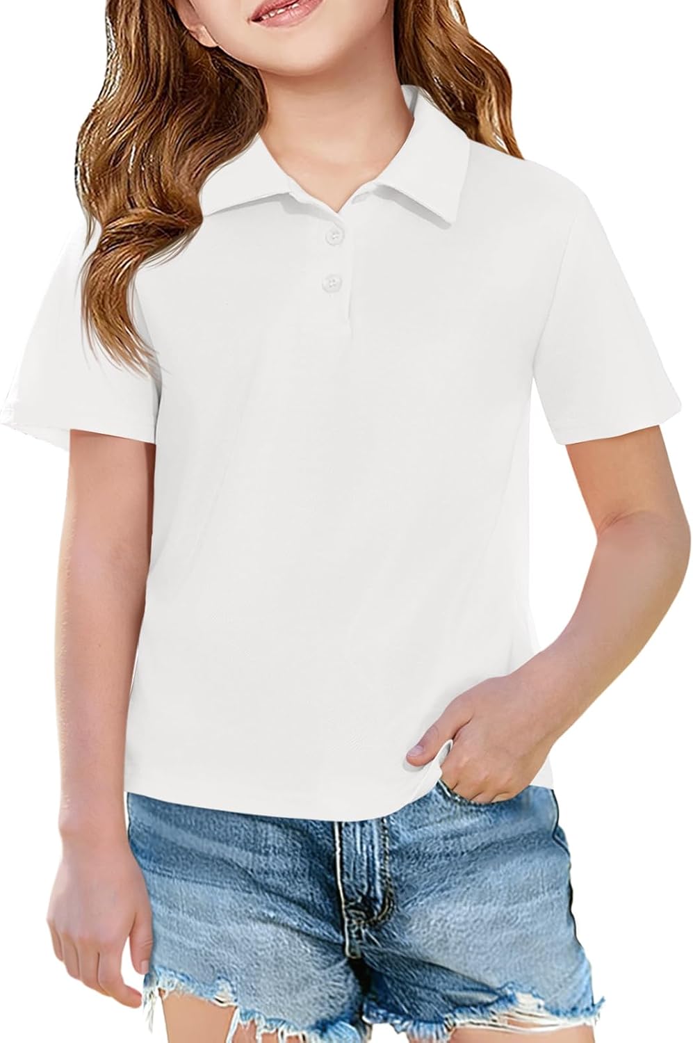 Haloumoning Girls Short Sleeve Polo Shirts Kids School Uniform Pique Polo Shirt 5-14 Years