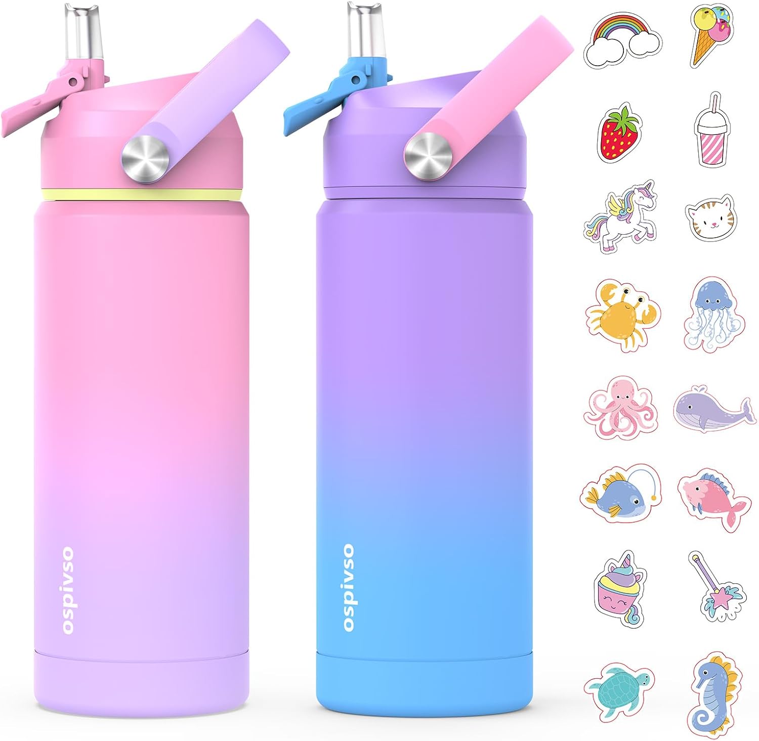 Kids Water Bottle for School，Girls 18 oz Insulated Stainless Steel Cup with Straw, Double-Wall Vacuum Leakproof（2Pcs，Pink+Purple）