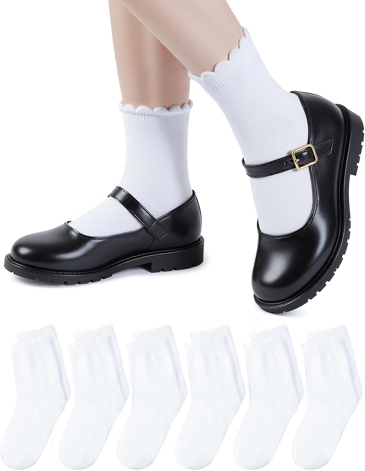 HONGTEYA 6 Pairs Girls White Ruffle Socks School Uniform Dress Socks for Kids Seamless Crew Ankle Cotton Size 2-14 Years