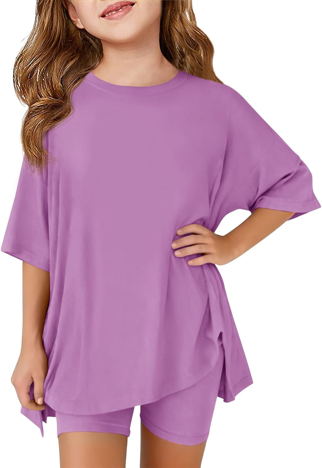 Haloumoning Girls Summer Outfits Casual Lounge Set Kids Oversized Side Split Shirts and Biker Shorts 2 Piece Clothing Sets