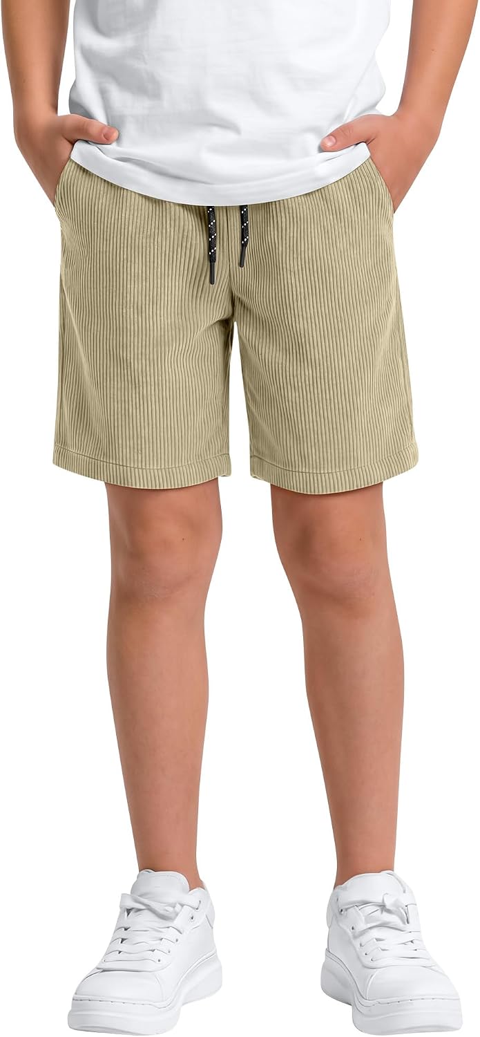 Boys Corduroy Shorts Athletic Summer SweatShorts 5-14 Y Elastic Waist Drawstring Teen Casual Shorts with Pockets