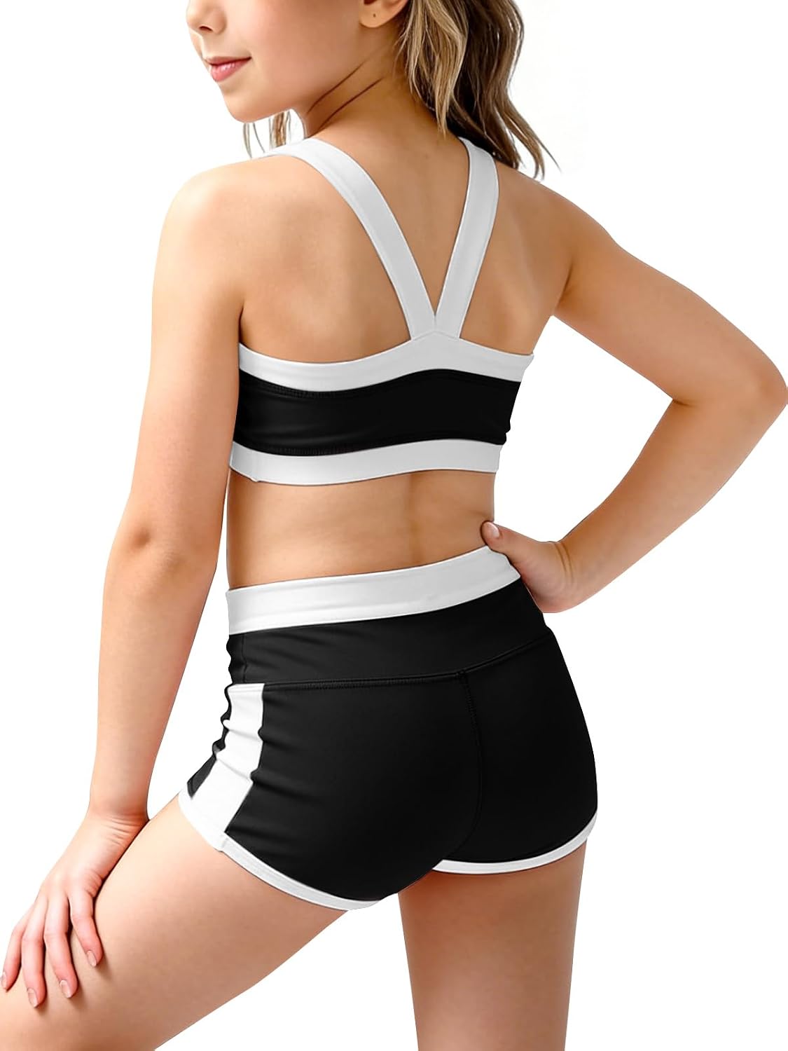 Haloumoning Girls 2 Piece Outfits Athletic Color Block Training Bra and High Waisted Shorts Clothing Sets 5-14Y