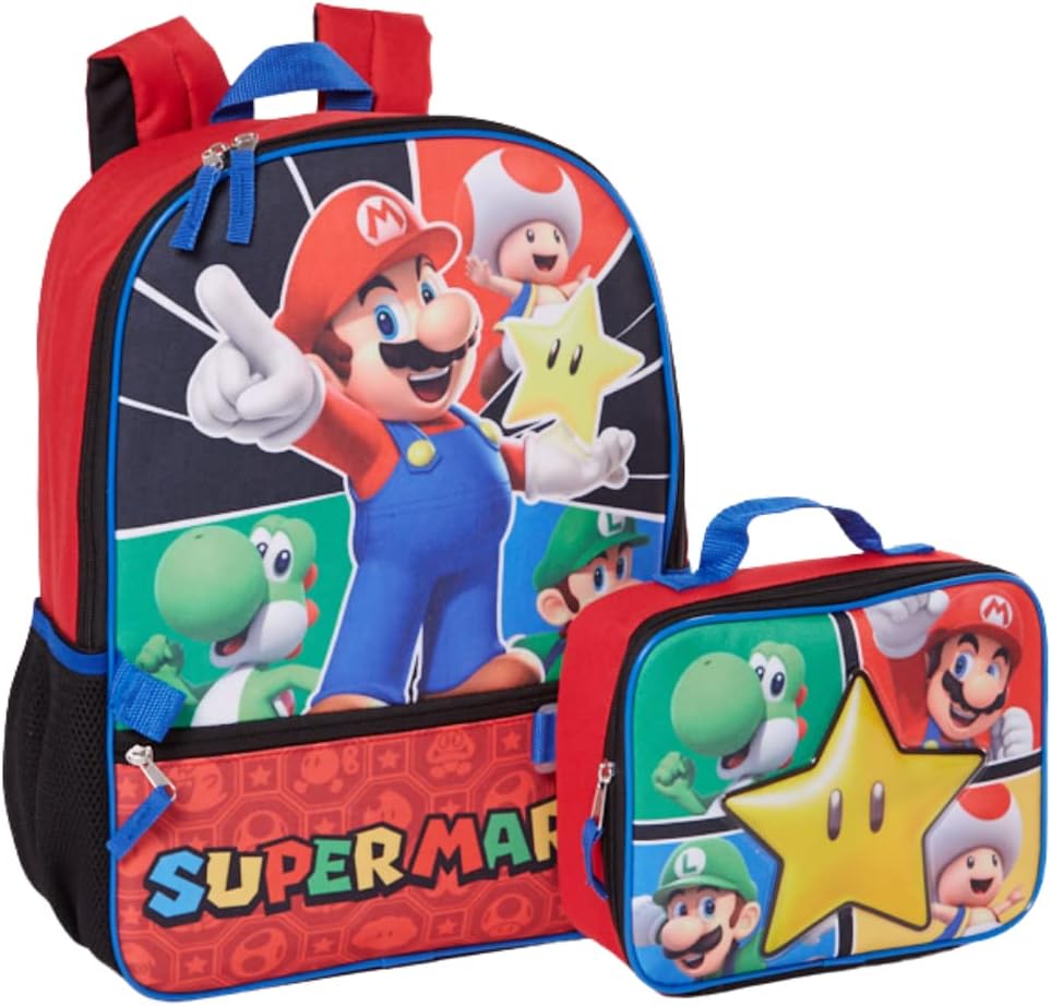 Super Mario Backpack with Lunch Box Set for Boys & Girls, 16 inch, Value Bundle