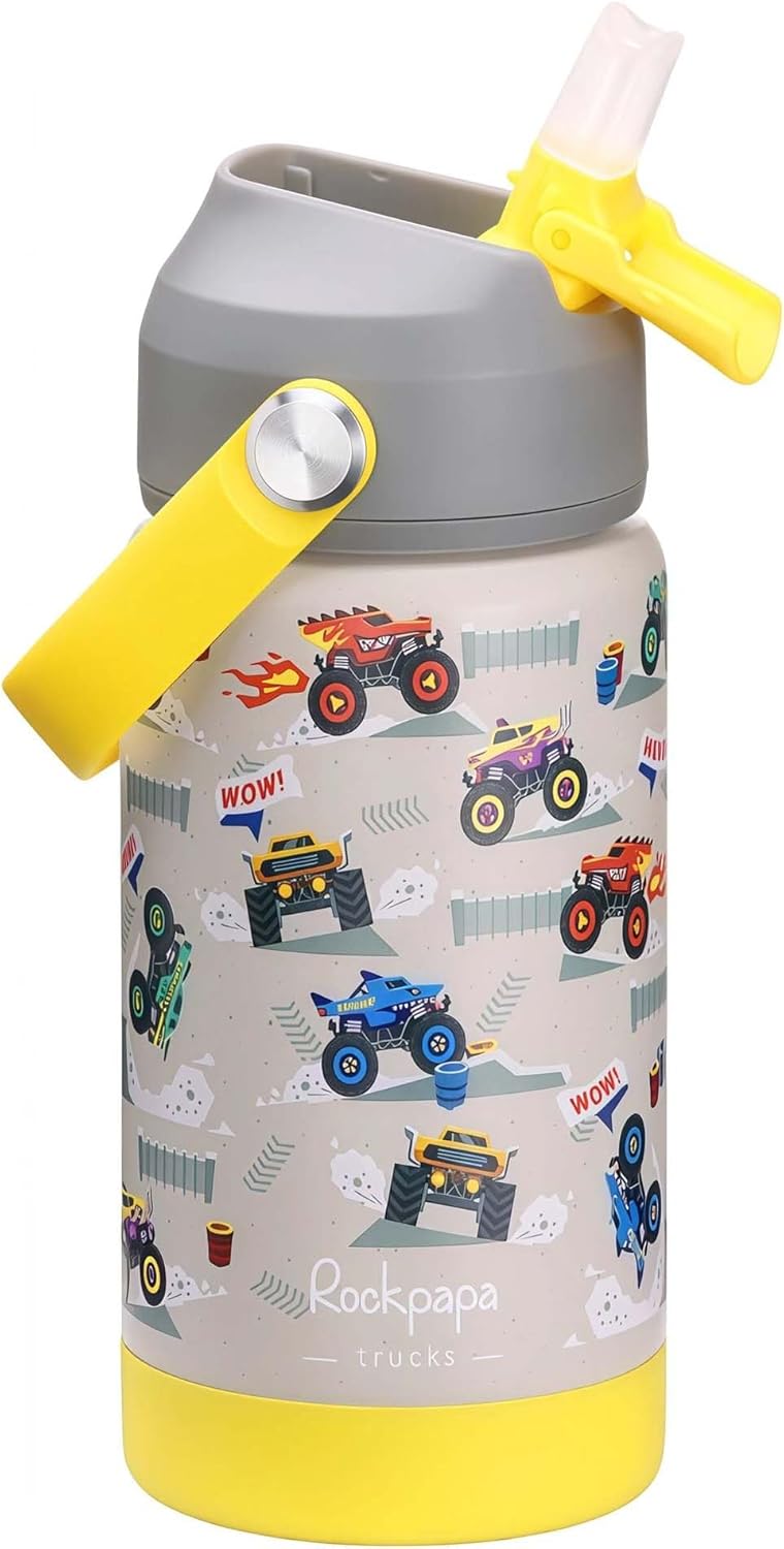 rockpapa 14 oz Kids Insulated Water Bottle，Stainless Steel Toddler Cups with Straws, BPA Free, Leak-Proof, Kids Water Bottle for School Boys& Girls (Grey Trucks)