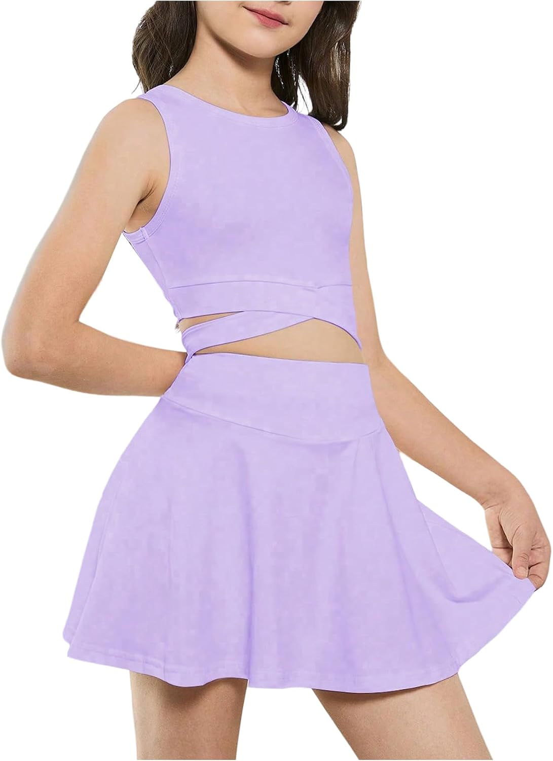 WDIRARA Girl’s Workout Outfits Crisscross Crop Tank Top and Flare Skort Skirt Set