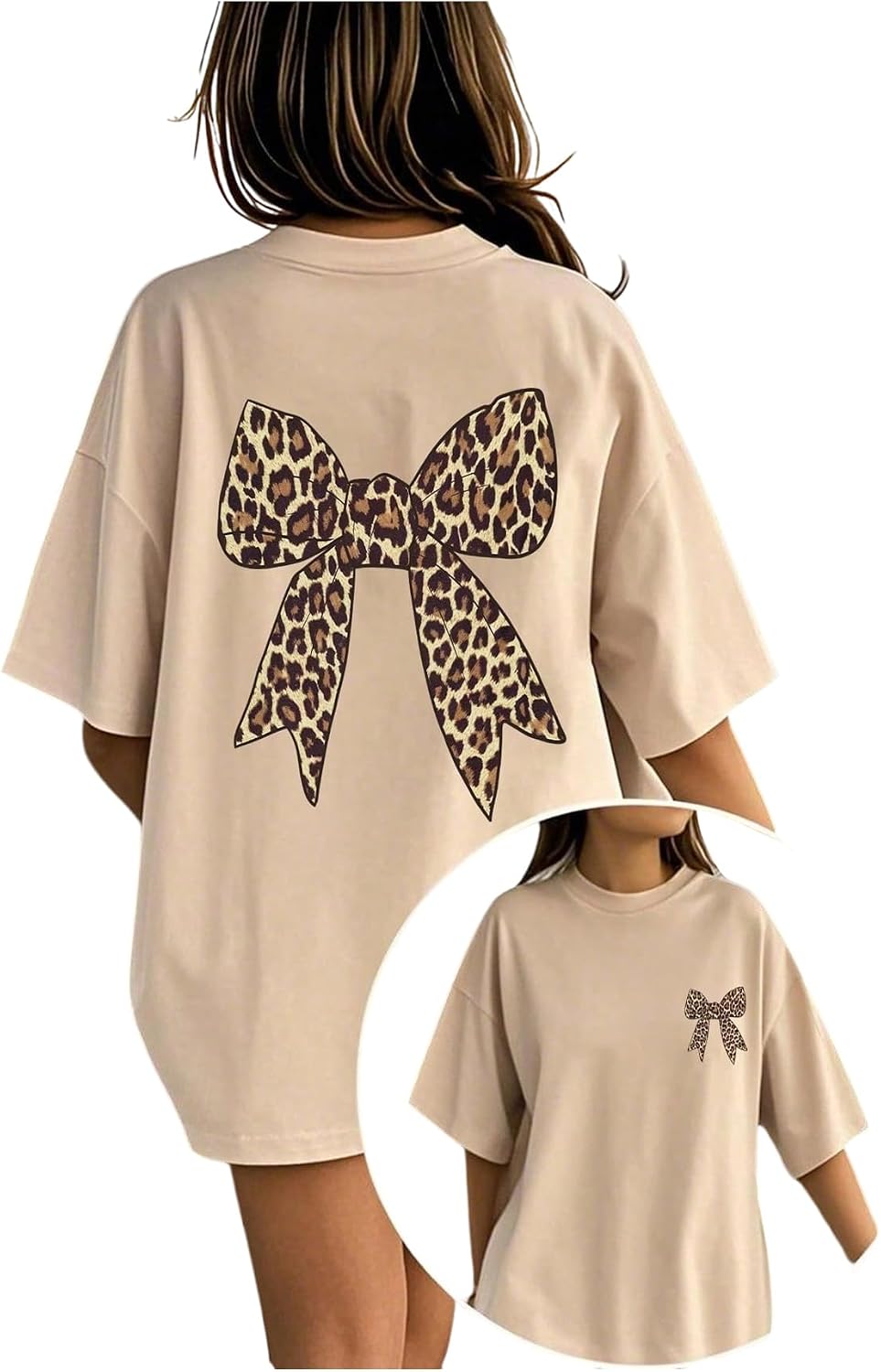 RoseSeek Girl’s Bow Leopard Graphic Tees Short Sleeve Preppy Summer T Shirt Aesthetic Baggy Tops