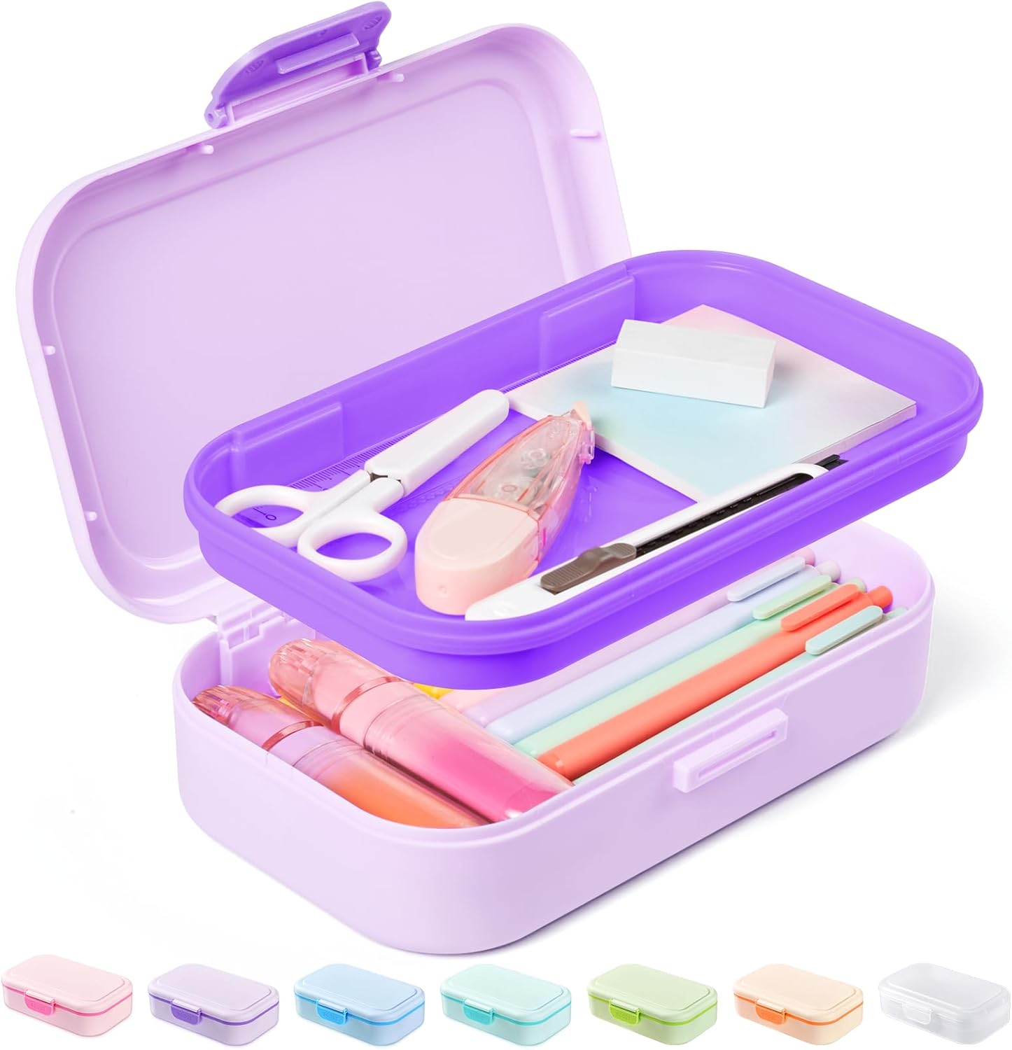 Sooez Double Layer Pencil Box, Plastic Pencil Case with Latch, Hard School Supply Box for Girls Boys Kids, Large Crayon Marker Pen Holder, Cute Art Storage Organizer, 1 Pack, Purple