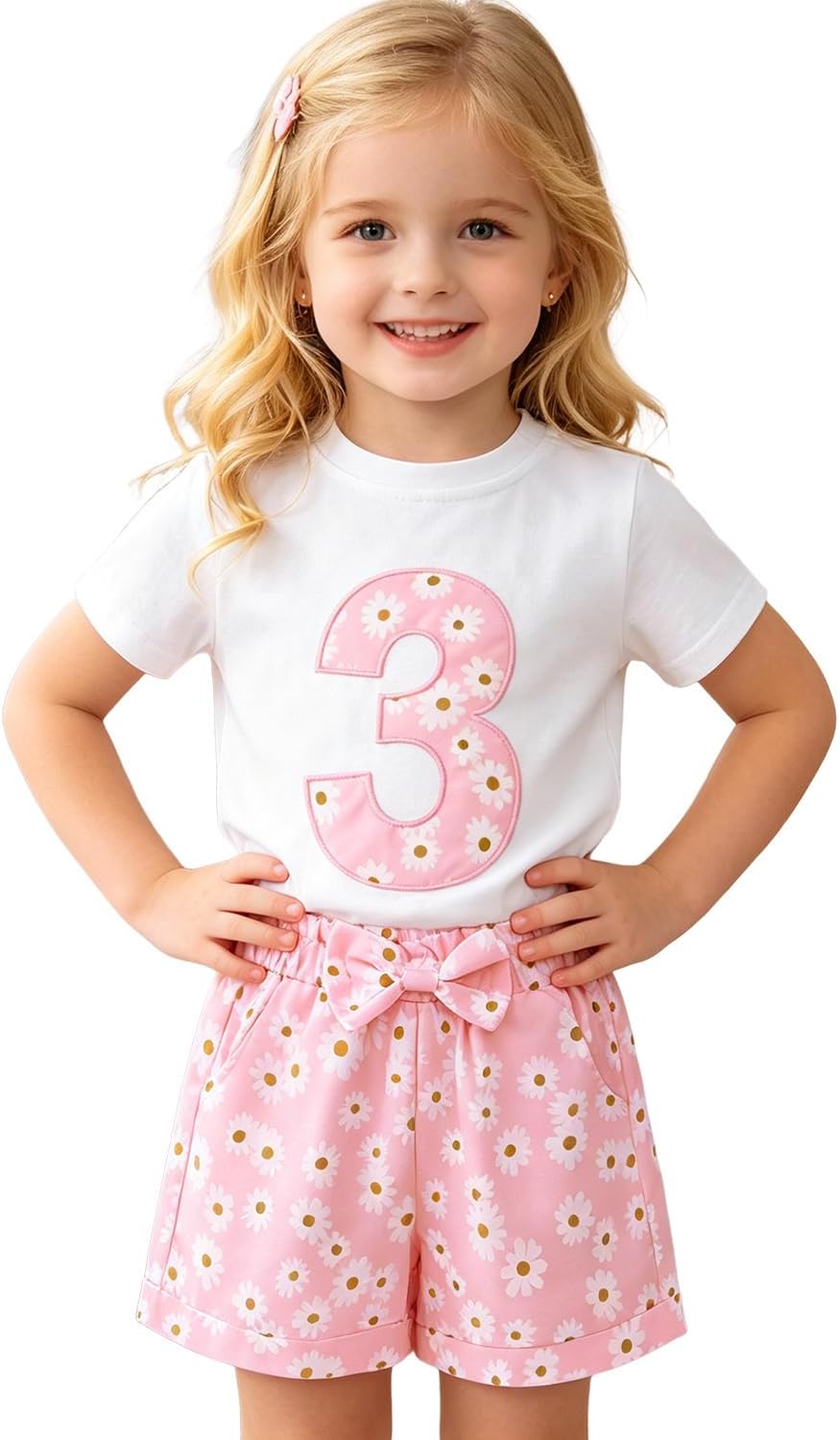 Ritatte Toddler Girl Birthday Outfit Daisy Embroidery Short Sleeve T-Shirt Bow Flower Shorts Set 2-7T Birthday Party Clothes