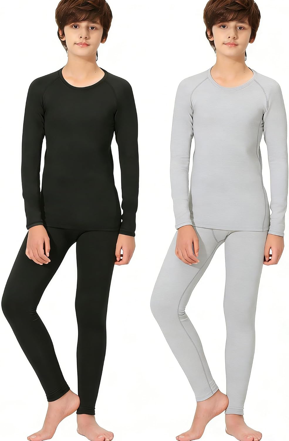 Rolimaka 2 Set Youth Boys’ Thermal Underwear Set Fleece Lined Compression Shirt Leggings Pants Kids Base Layer Cold Weather