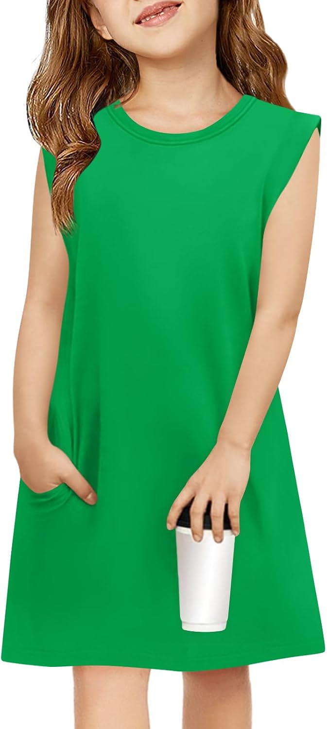 Haloumoning Girls Sleeveless Summer Dress Kids Casual Crewneck Loose Beach Short Dresses with Pockets 5-14 Years