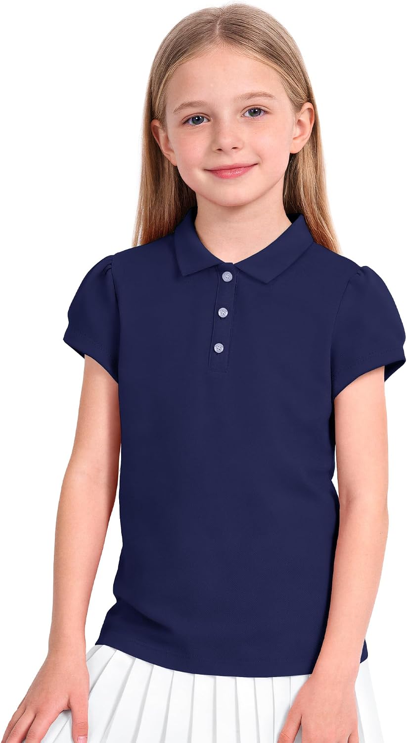 KEREDA Shool Uniform Shirts for Girls Cotton Polo Shirts Puff Sleeve with Button for Kids Golf Tennis Tops