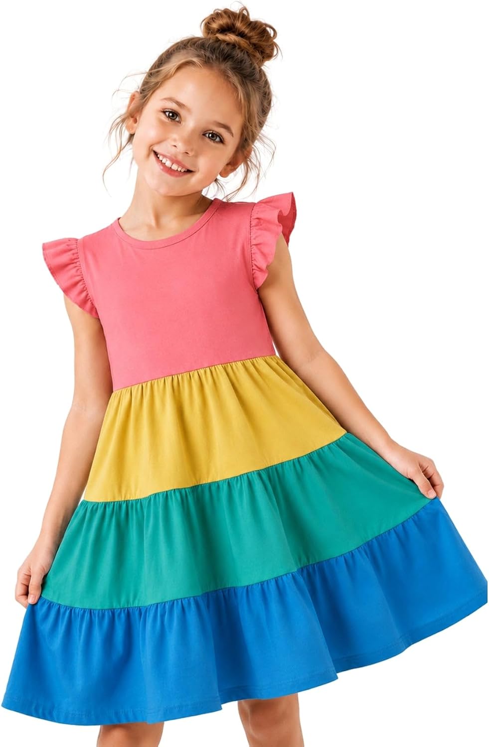 HILEELANG Girls Cotton Tiered Dress Flutter Ruffle Sleeve Summer Swing Sundress Birthday Party Casual Outfit Colorblock 2–12Y