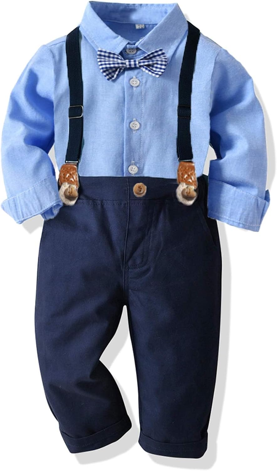 SALNIER Toddler Boy Suit Baby Boy Formal Outfit Set with Cotton Shirt Bow Tie Suspenders Pants for Wedding Birthday Party
