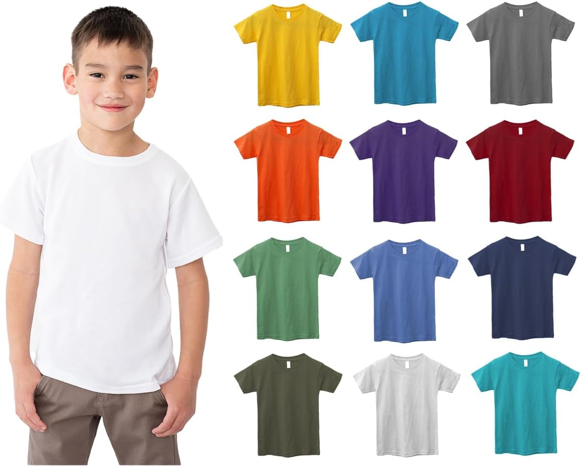 12 Pack Kids Cotton Tshirts Bulk, Wholesale Unisex Children Tees, Lightweight Tshirt Packs for Boys Girls