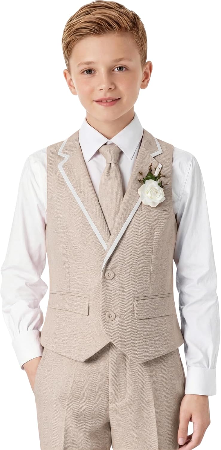 DOISPON Boys Suit Kids Tuxedo Slim Fit 5 Pcs Shirt Vest Pants Set for Teens Dress Clothes Wedding Outfit with Tie and Bow Tie