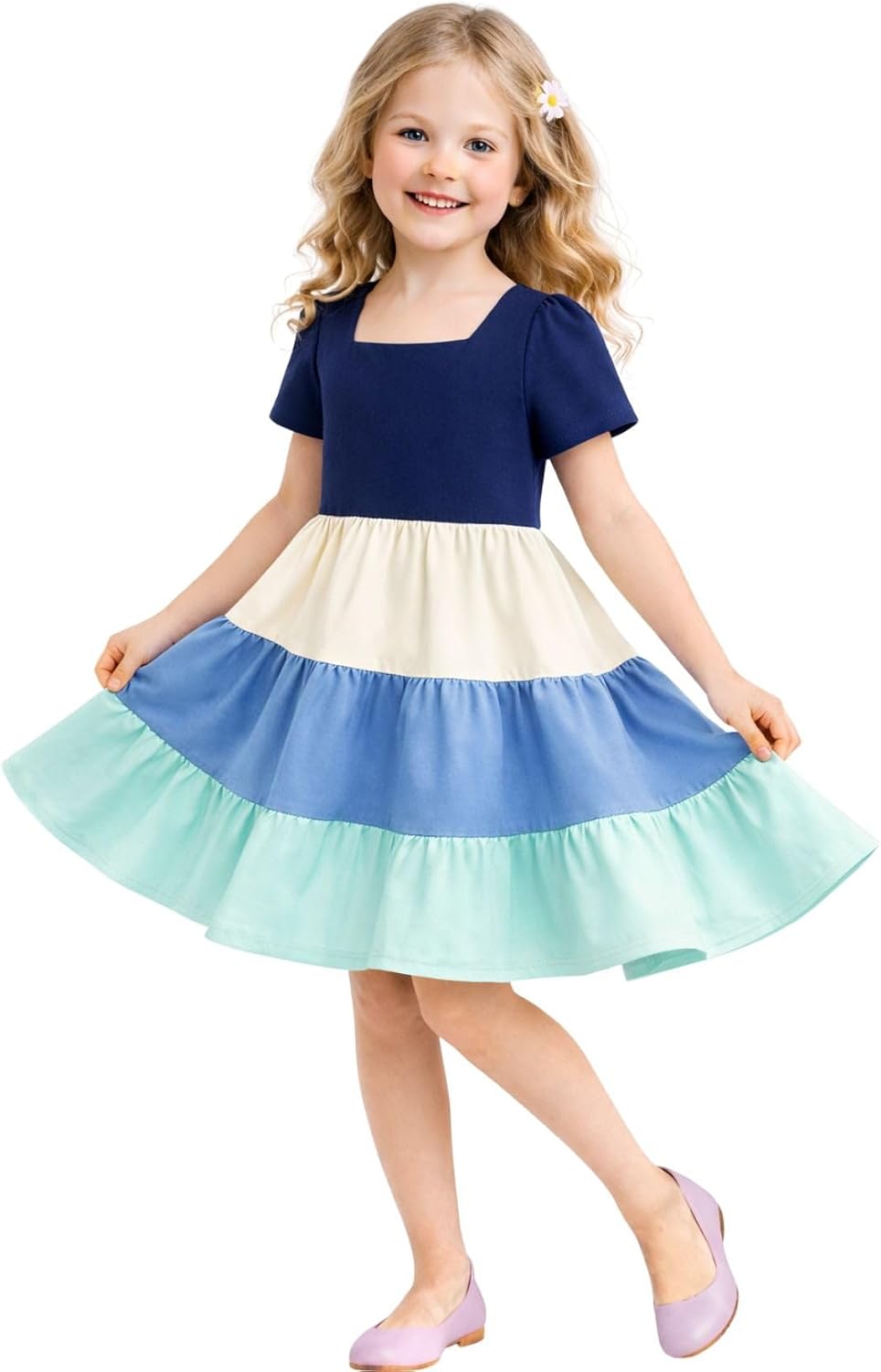 HILEELANG Girls Dress Colorblock Tiered Lightweight Soft Cotton Spring Summer Twirl Dress for Toddler Little Girls 2-8Y